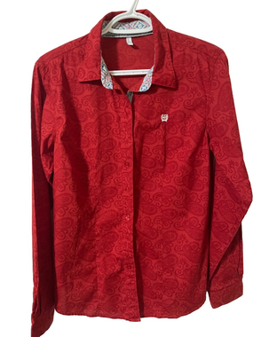 Cinch Red Paisley Button-Down Fitted Shirt Size Large